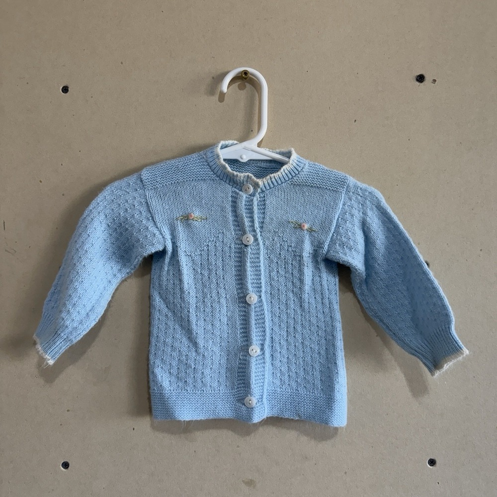 Vintage Pastel Blue Knit Infant Cardigan Sweater Embroidered Floral Coquette